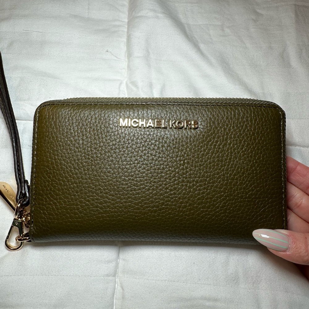 Michael Kors Olive Pebbled Leather Zip-Around Wallet with Wristlet